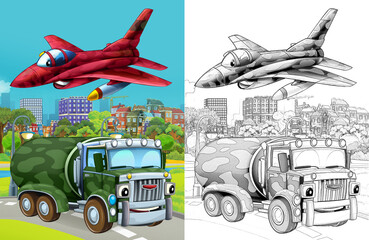 cartoon scene with military army different duty vehicles on the road with sketch  illustration for children