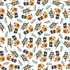 Seamless pattern of funny tiger pirate, Can be used for t-shirt print, Creative vector childish background for fabric textile, nursery wallpaper and other decoration.