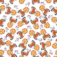 Seamless pattern of funny lion driving the red car. Can be used for t-shirt print, Creative vector childish background for fabric textile, nursery wallpaper and other decoration.