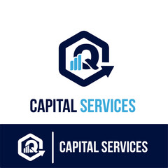 Initial Q Letter with Bar Chart and Up Growing Arrow for Finance, Capital Business Services Logo Idea Template