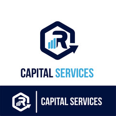 Initial R Letter with Bar Chart and Up Growing Arrow for Finance, Capital Business Services Logo Idea Template
