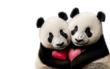 Valentines day panda bears celebrating valentines day together.  Black and white bears holding a red heart and expressing love. A cute generative ai image on a white background.