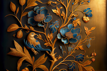 Blue and gold vintage floral pattern with a delicate luxury look, generative AI