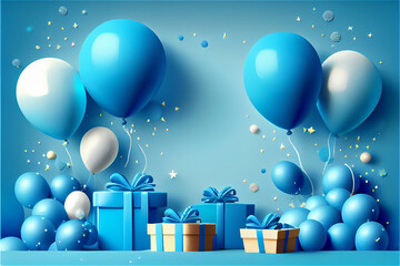 Blue birthday decor with balloons an presents ideal for celebration backgrounds, generative AI