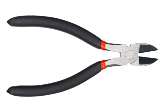 Nippers or diagonal cutting pliers. Wire cutter or flush nippers. Side cutting pliers for electric wire. Professional tools for metal construction. Mechanic instrument for workshop, repairing works.
