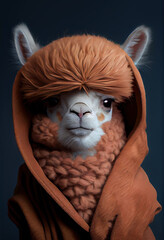 illustration of a cute alpaca in a brown robe portrait close-up. Generative AI
