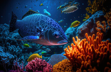 ryba wśród rafy koralowej - obrazy, fototapety, plakaty