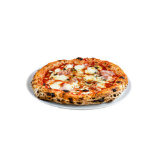 Photo of Italian pizza. Pizza with cheese, ham and olives. Copy space.
