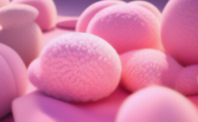Abstract render of fluffy, fuzzy shapes, balls, soft texture, generative ai, pink color, baby pink, soft pink