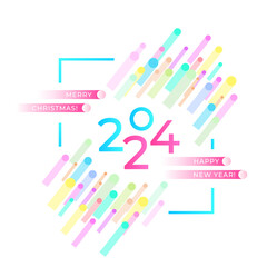 Happy New Year 2024. Modern abstract greeting card. Symbolic logo of 2024 with vivid round confetti flying up to the right leaving long trains. Minimal joyful flat design template. Vector illustration