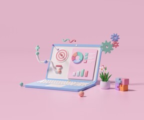 Web analytics and social media marketing concepts. web analytics design SEO optimization, social media marketing ideas Strategy and planning website On a pink background. 3D illustration.