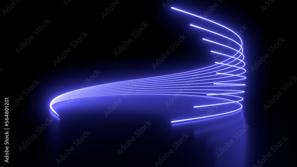 Poster sci fy neon glowing wave lines in a dark hall. reflections on the floor. empty background in the cen