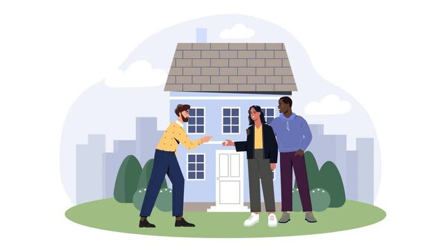 Family Buying Home video concept. Moving man and woman receive keys from real estate agent. Investing money in property, renting apartment or mortgage. House Loan. Flat graphic animated cartoon