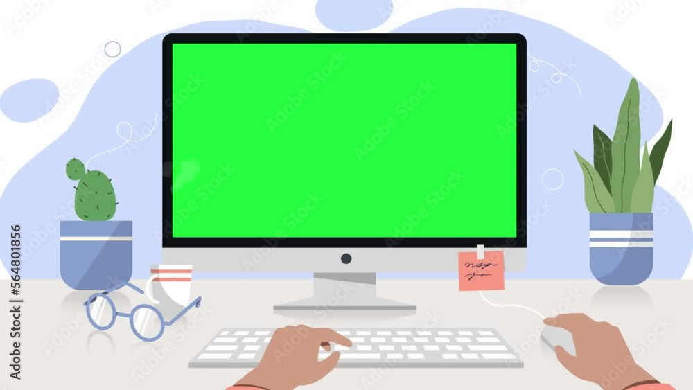 Fototapete work place at home video concept. moving hands of employee hold mouse and work on computer keyboard 