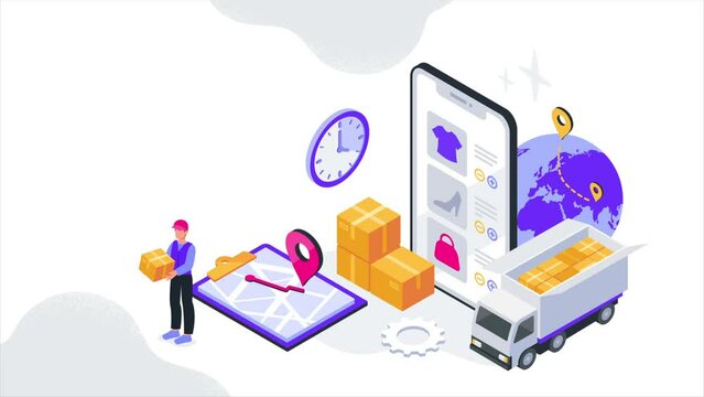 Global delivery and international shipping video concept. Moving male courier holds box with parcel or order. Import and export. Logistics supply chain management. Isometric graphic animated cartoon