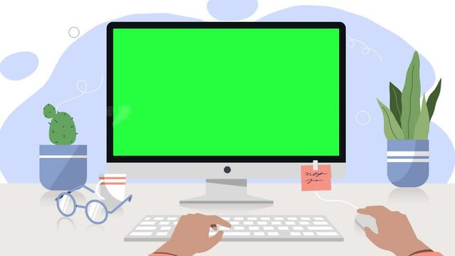 Work place at home video concept. Moving hands of employee hold mouse and work on computer keyboard in front of monitor. Screen with green chroma key or copy space. Flat graphic animated cartoon