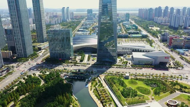 Aerial view of Songdo Central Park, Incheon City, South Korea and blue sky,Drone view