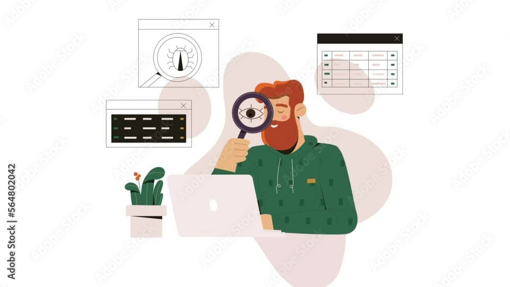 Aufkleber remove viruses and fix bugs video concept. moving male programmer fixes errors, deleting malware and