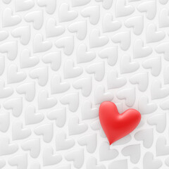Simple pattern of white hearts for Valentine's day or other romantic themed background with a single bright red heart. 3d Render.