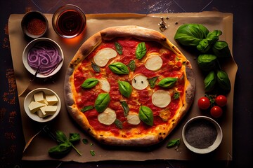 Delicious freshly cooked pizza with one piece torn off, sticky cheese and juicy ingredients. 3d illustration top view of a delicious pizza with an aesthetically beautiful look. Generative ai