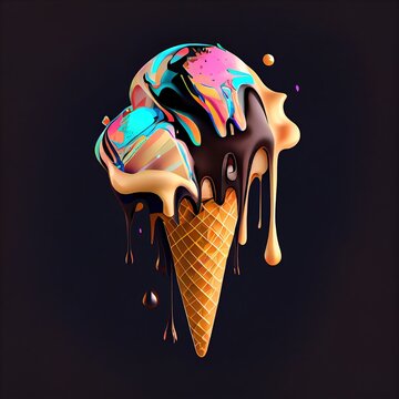 A waffle cone filled with colorful ice cream that drips and drips. 3D cone with multi-colored Ice cream on a dark background. Generative ai illustration