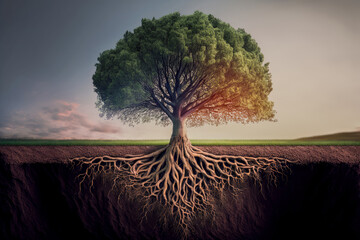 Arbre centenaire avec racines apparentes, symbolise la solidité des racines qu'on ne voit pas, illustration IA générative - obrazy, fototapety, plakaty