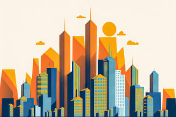 Illustration minimaliste de gratte-ciels bleus et oranges en ville, immeubles citadins, illustration IA générative