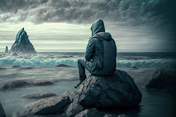 Un homme de dos qui attend seul, assis sur un rocher face aux vagues de l'océan, sous la tempête, illustration IA générative - obrazy, fototapety, plakaty