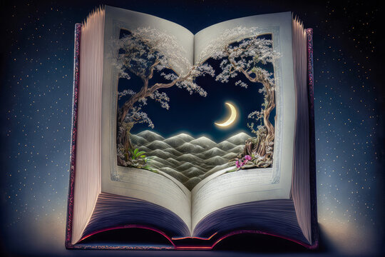 Livre ouvert sur des mondes fantastiques, 1001 nuits, rêves et ciel étoilé, illustration IA générative