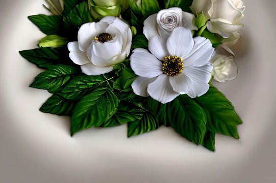 3D white flowers on green leaves posy top of image centered, created with Generative AI technology
