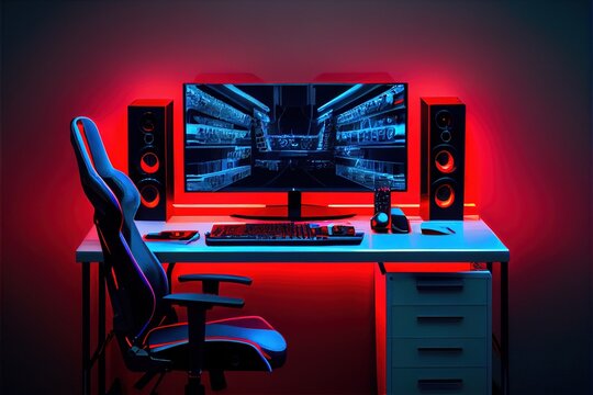 Gamers gaming place in neon colors, 3d realistic illustration. Gaming zone streamer. generative ai