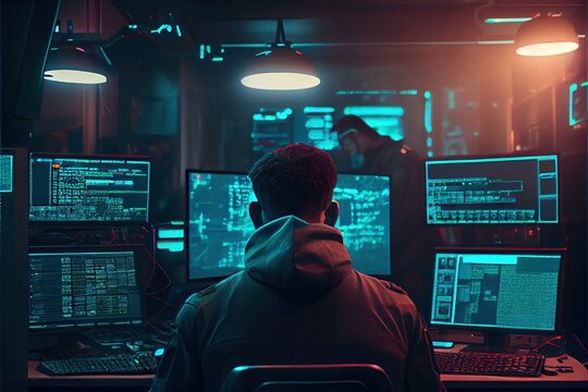 Professional hacker is working on hacking servers and websites. A hacker works in a multi-monitor environment while hacking into a server. Generative AI	
