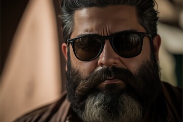 Bearded mid aged man using sunglasses looking at the camera. Generative AI