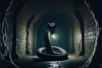 Terrible snake monster with a huge head in the underground catacombs or castle caves. Generative AI - obrazy, fototapety, plakaty