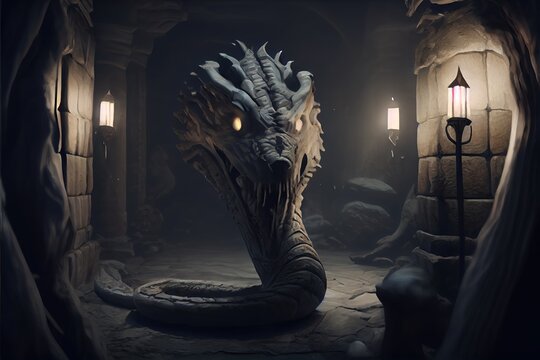 Terrible snake monster with a huge head in the underground catacombs or castle caves. Generative AI