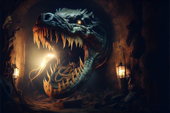 Terrible snake monster with a huge head in the underground catacombs or castle caves. Generative AI
