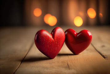 Two Wooden Red Hearts Standing On Wooden Table With Blurred Romantic background. Valentines day concept. Generative AI.