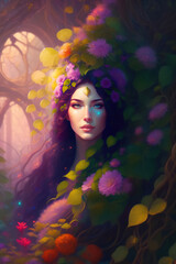A fictional person, Portrait of a beautiful woman in a forest with flowers in her hair, oil painting - generative AI illustration