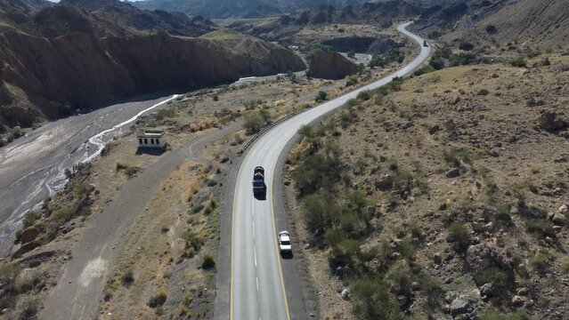 Aerial View Of Truck Driving Along Highway N-25 In Baluchistan. Dolly Forward