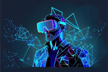 A man on a blue background in virtual reality glasses, an augmented or virtual reality helmet is dressed for a man. illustration on blue background. Generative ai