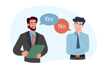 Business discussion concept. Characters communicate, brainstorm. Partners negotiate and make deal. Efficient workflow and employee interaction. Poster or banner. Cartoon flat vector illustration