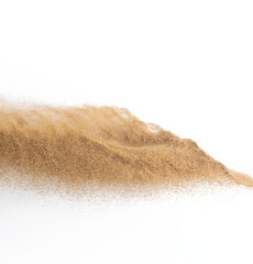 Sand flying explosion, Golden sand wave explode. Abstract sands cloud fly. Yellow colored sand splash throwing in Air. White background Isolated selective focus, throwing motion Blur