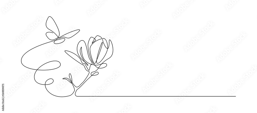 Poster one continuous line drawing of butterfly with flower. thin curl border and flying wing symbol in sim