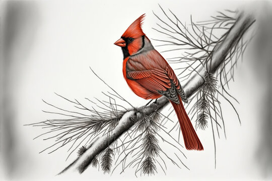 A cardinal on a branch pine tree in the snow Generative AI