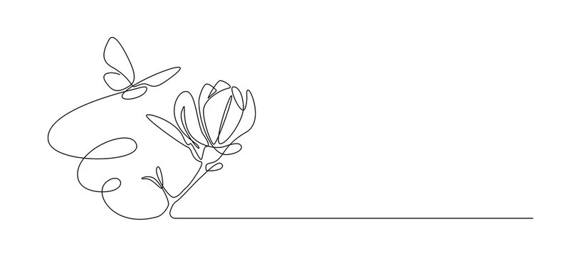 One continuous line drawing of butterfly with flower. Thin curl border and flying wing symbol in simple linear style. Editable stroke. Contour Doodle vector illustration