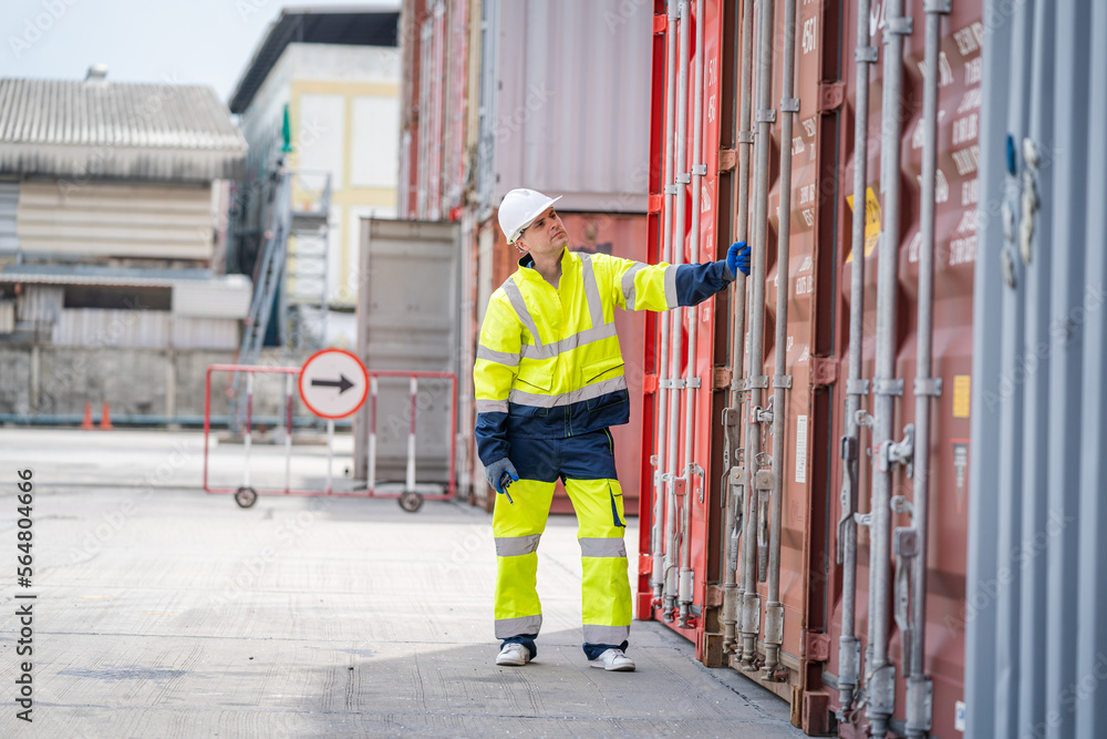 Poster Foreman checking loading Containers box for Cargo freight ship for import export,Foreman inspect Industrial Container Cargo.
