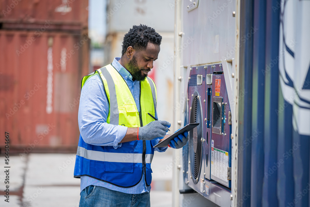 Poster Container operator inspection containers box from cargo ship for export and import at container yards.