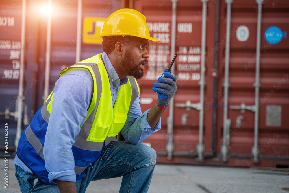 Poster Foreman checking loading Containers box for Cargo freight ship for import export,Foreman inspect Industrial Container Cargo.