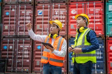 Engineer container cargo with foreman working and checking stock into container for...