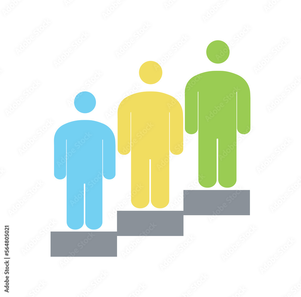 Poster career stair icon. multicolored avatars and icons on different steps, metaphor for hierarchy in comp
